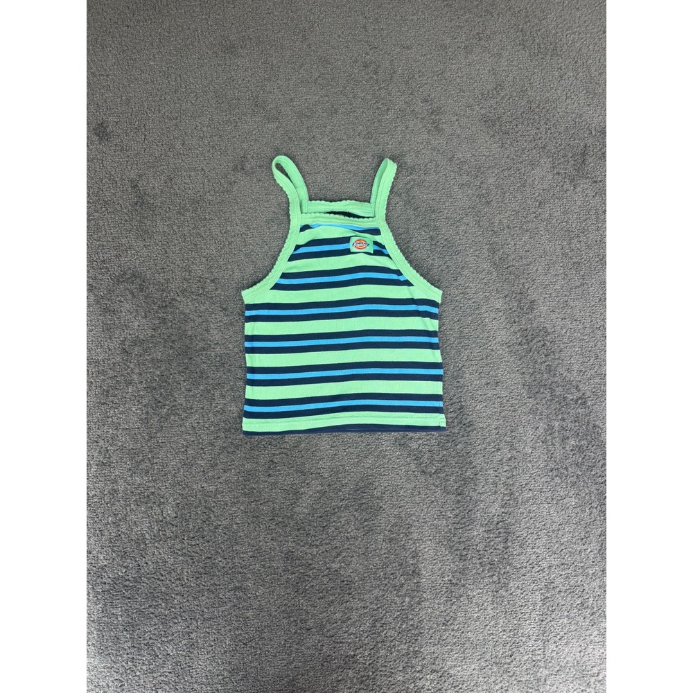 Dickies Womens Striped Ribbed Tank Top Green Blue High Neck Logo Small FSR65ASM